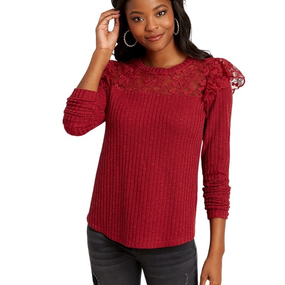 Plus Sz 4X Cranberry Lace Flutter Long Sleeves - Picture 4 of 8